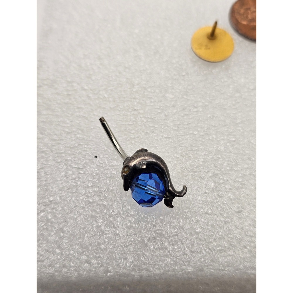 Vintage Sterling Silver 925 Dolphin Belly Button Ring Blue Crystal Navel Barbell